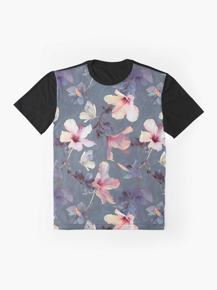 Vibrant painted pattern with hibiscus flowers and butterflies on a graphic t-shirt - Flat lay