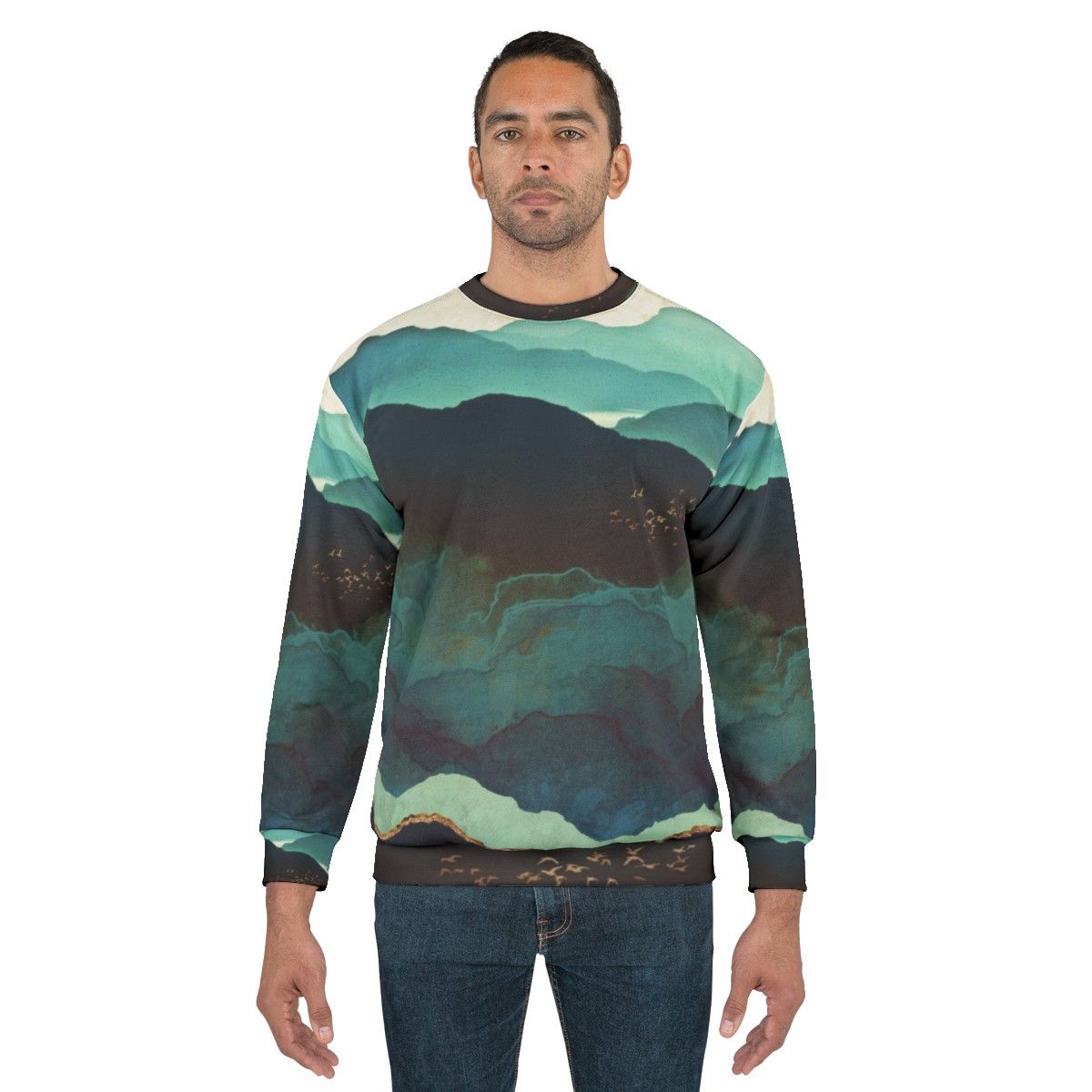 Indigo Mountains Sweatshirt with Serene Nature Landscape Graphic - men