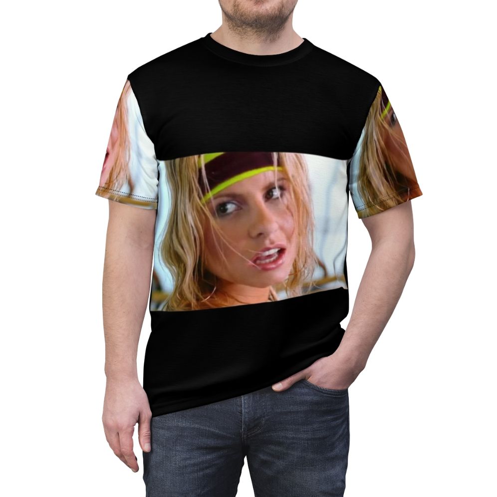 Woman wearing a vibrant t-shirt featuring the iconic "Call On Me" electronic dance music design - men front