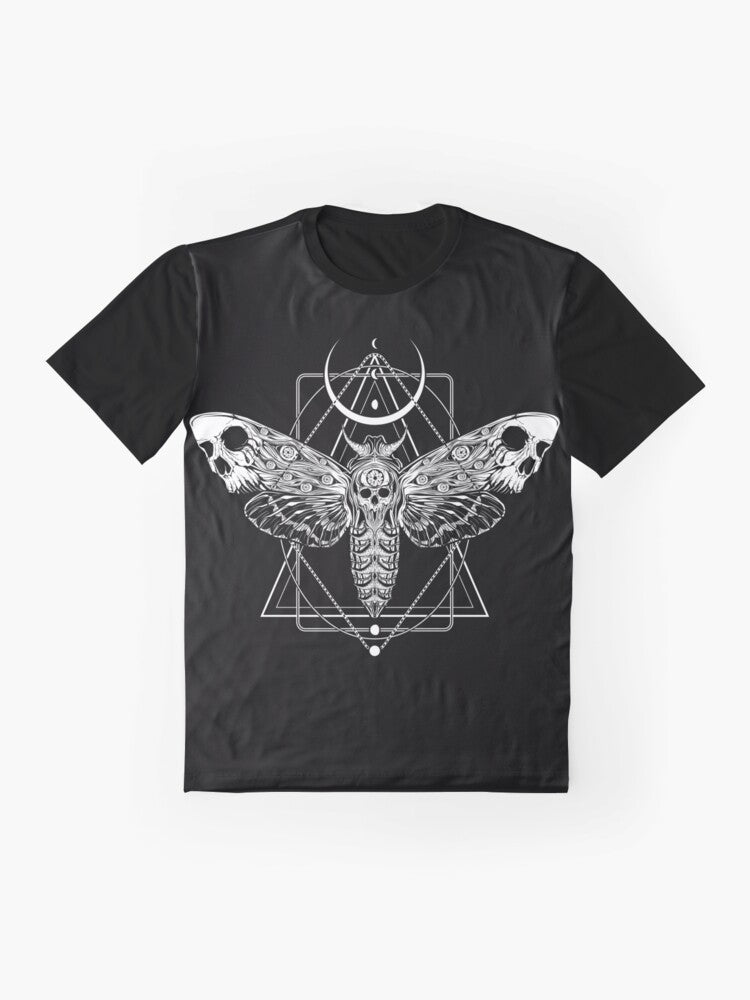 Surreal death moth graphic with skulls, horns, and dark art elements on a black t-shirt. - Flat lay