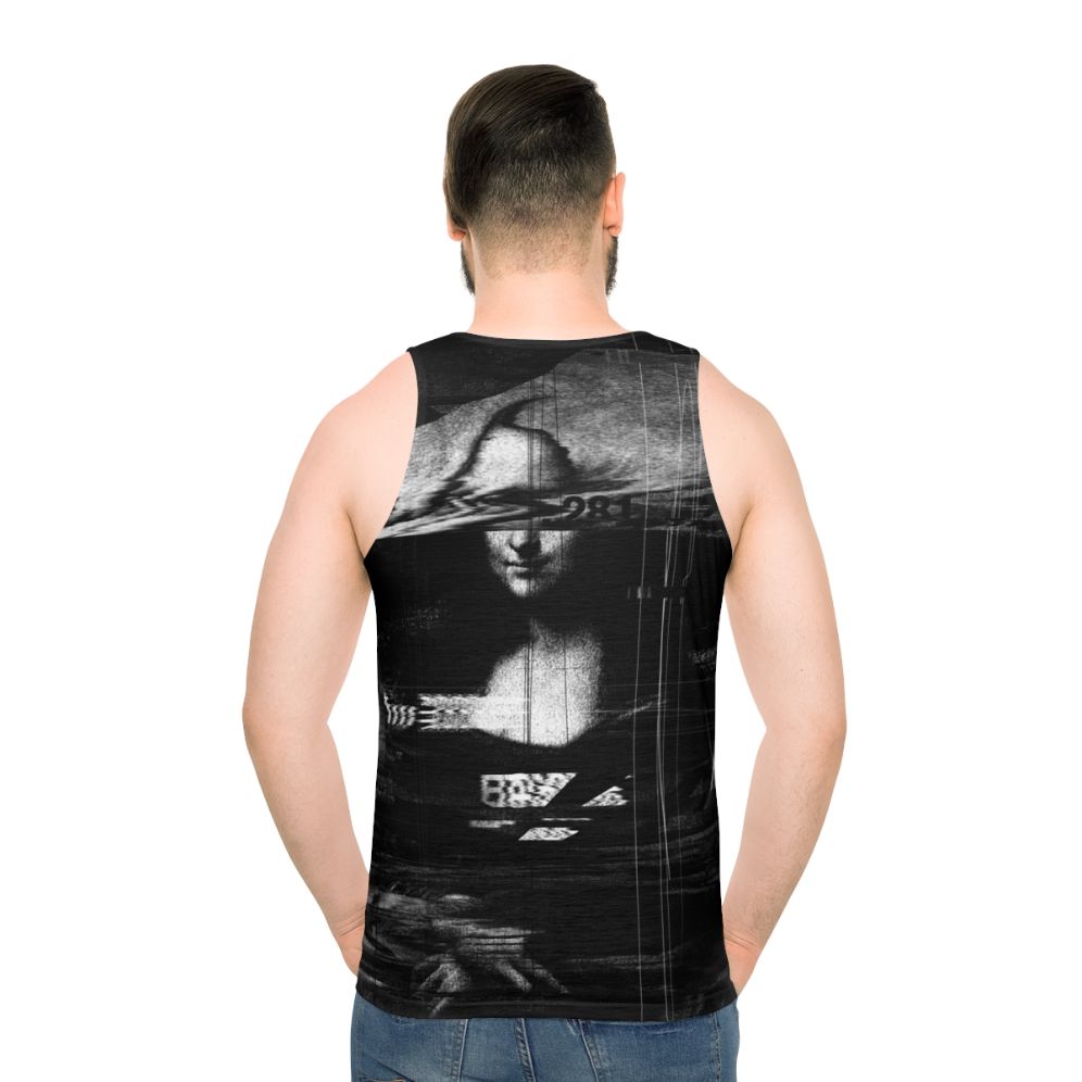 Mona Lisa Glitch Unisex Tank Top with Abstract Portrait Design - men back