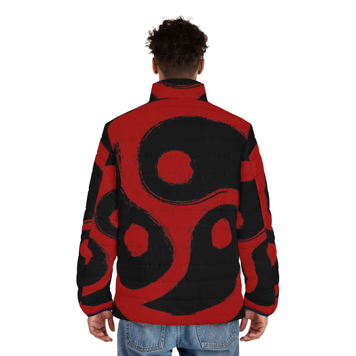 Red puffer jacket with triskelion design, BDSM and fetish inspired fashion - men back