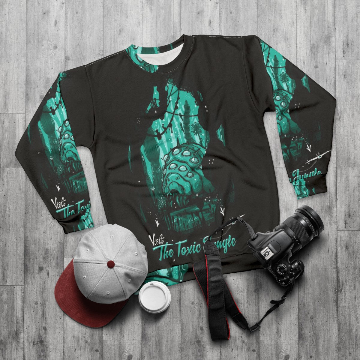 Toxic Jungle Sweatshirt featuring Nausicaa inspired forest and wildlife design - flat lay