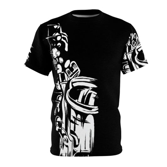 Monochrome painting of saxophone keys and keywork on a black and white all-over-print t-shirt