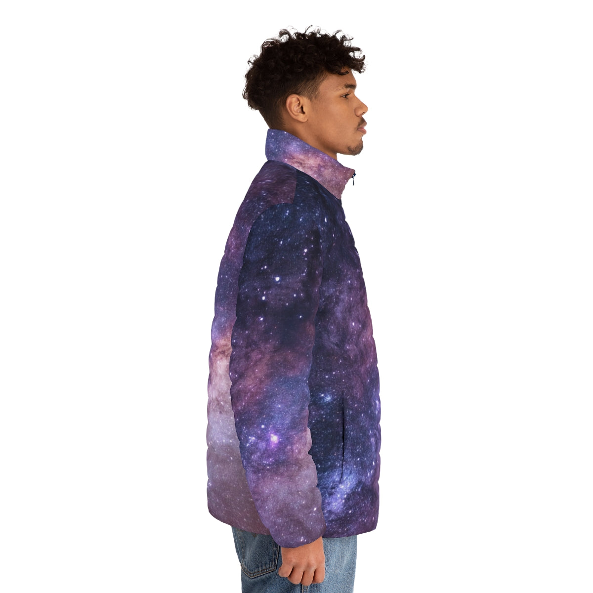 A model wearing a galaxy-printed puffer jacket, featuring a focus on the space-themed design. - men side right