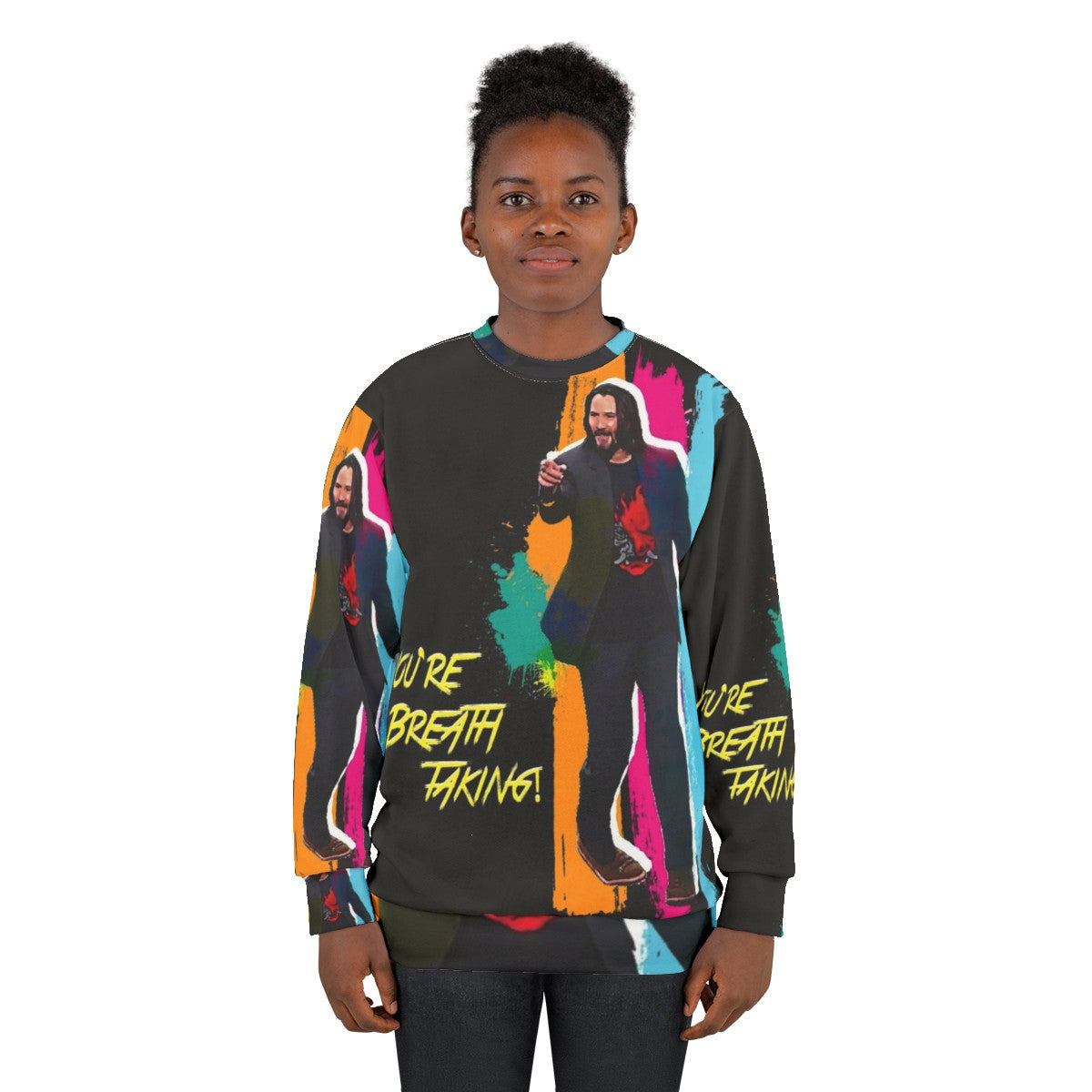 Keanu Reeves inspired "You're Breathtaking" cyberpunk sweatshirt in vivid rainbow colors - women