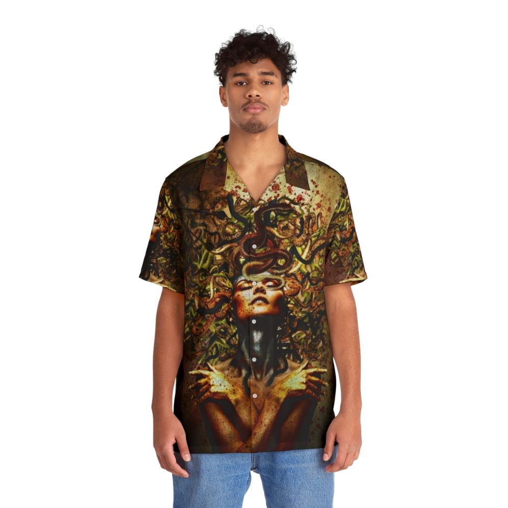 Captivating Medusa-inspired Hawaiian shirt with snake print design - People Front