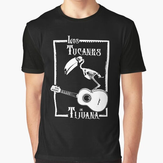 Graphic t-shirt featuring the iconic Mexican heavy metal band Los Tucanes de Tijuana with a skeleton and tucan design