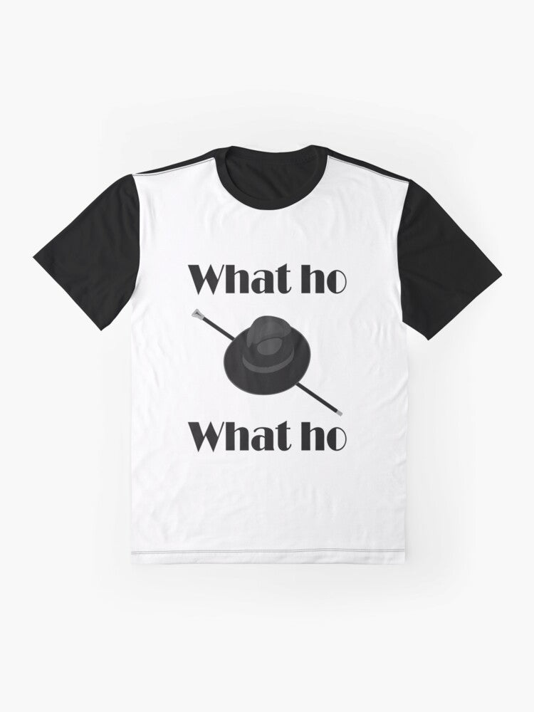 Jeeves and Wooster "What Ho!" graphic t-shirt featuring the iconic characters from P.G. Wodehouse's classic British comedy series. - Flat lay