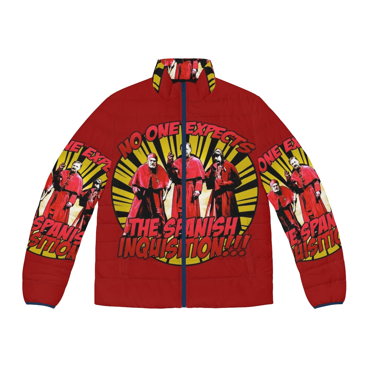 A puffer jacket featuring the iconic "No One Expects the Spanish Inquisition" design from Monty Python