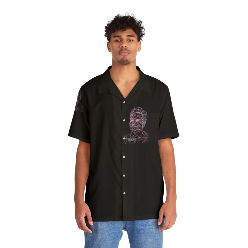 Team Coco Anaglyph Hawaiian Shirt featuring a vector line art portrait of Conan O'Brien - People Front