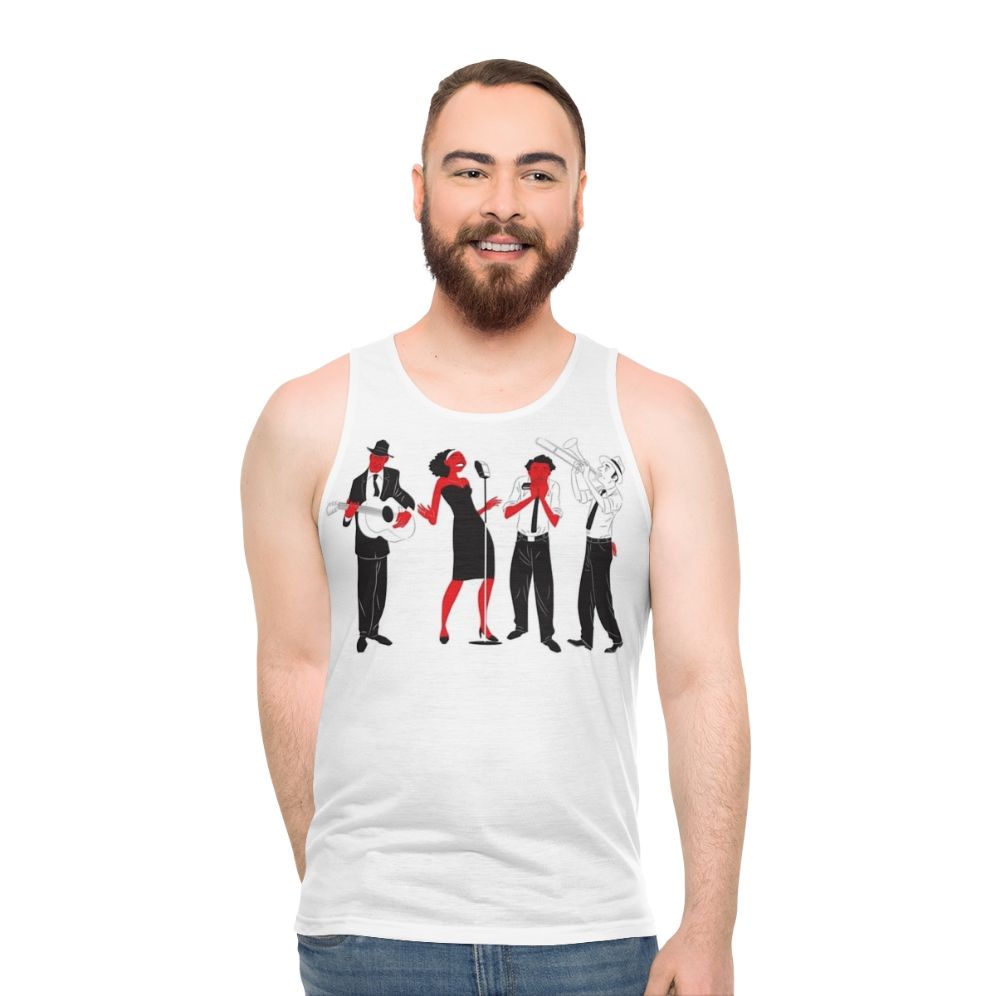 Blues band unisex tank top with delta blues and jazz singer design - men