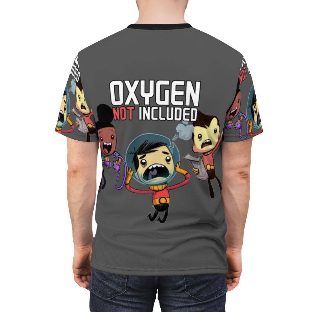 Oxygen Not Included-inspired T-shirt design featuring the game's iconic elements - men back