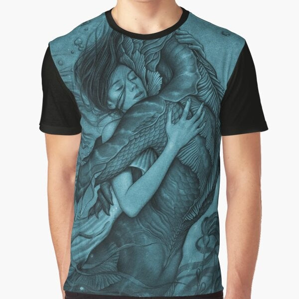 The Shape of Water movie-inspired graphic t-shirt featuring a fantasy fish-man and a woman in a laboratory setting.