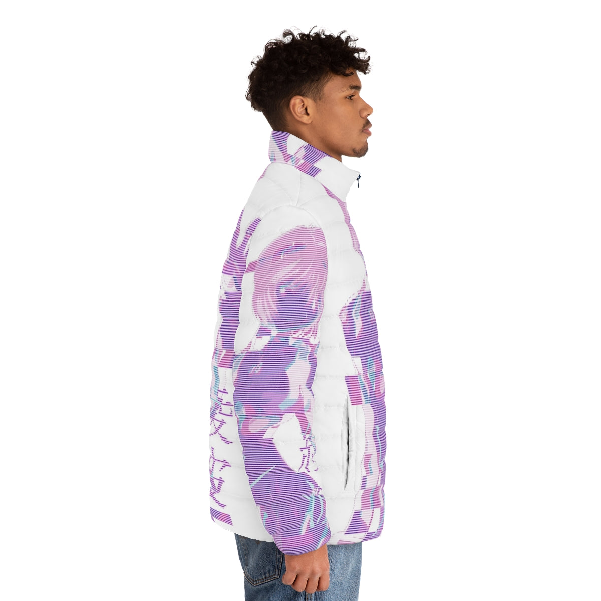 Rei Ayanami inspired EVA puffer jacket with vaporwave aesthetic design - men side right