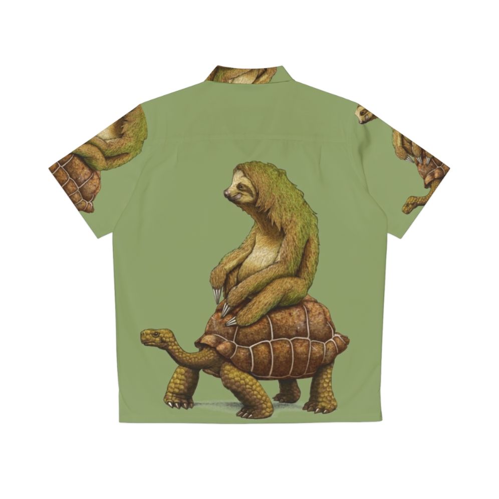 Relaxed Hawaiian shirt featuring a sloth riding a turtle in earth-tone colors - Back