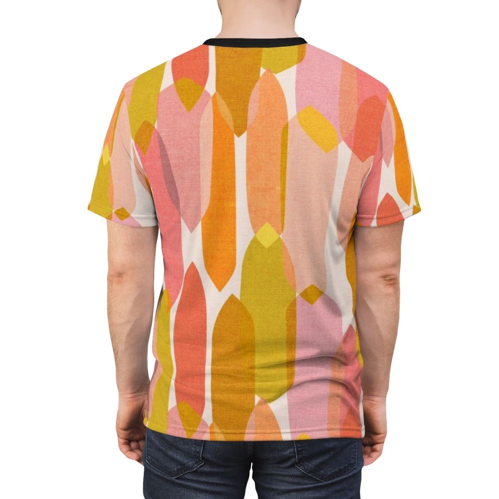 Colorful abstract mid century inspired t-shirt with a droplet pattern design - men back