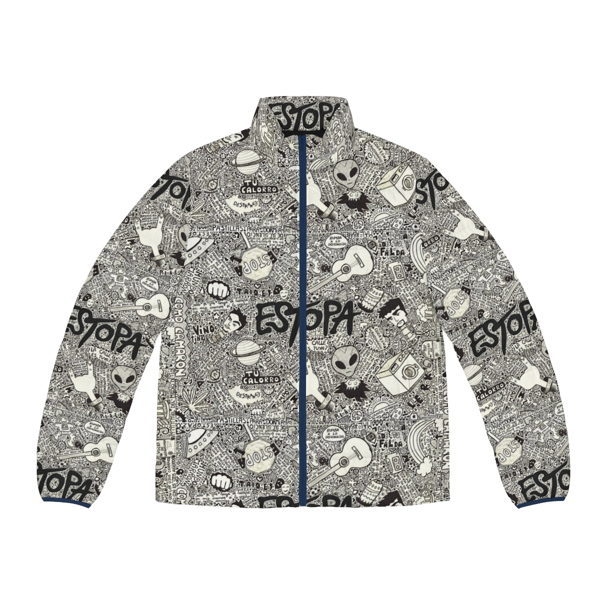 ESTOPA puffer jacket featuring the iconic Spanish band's logo and artwork