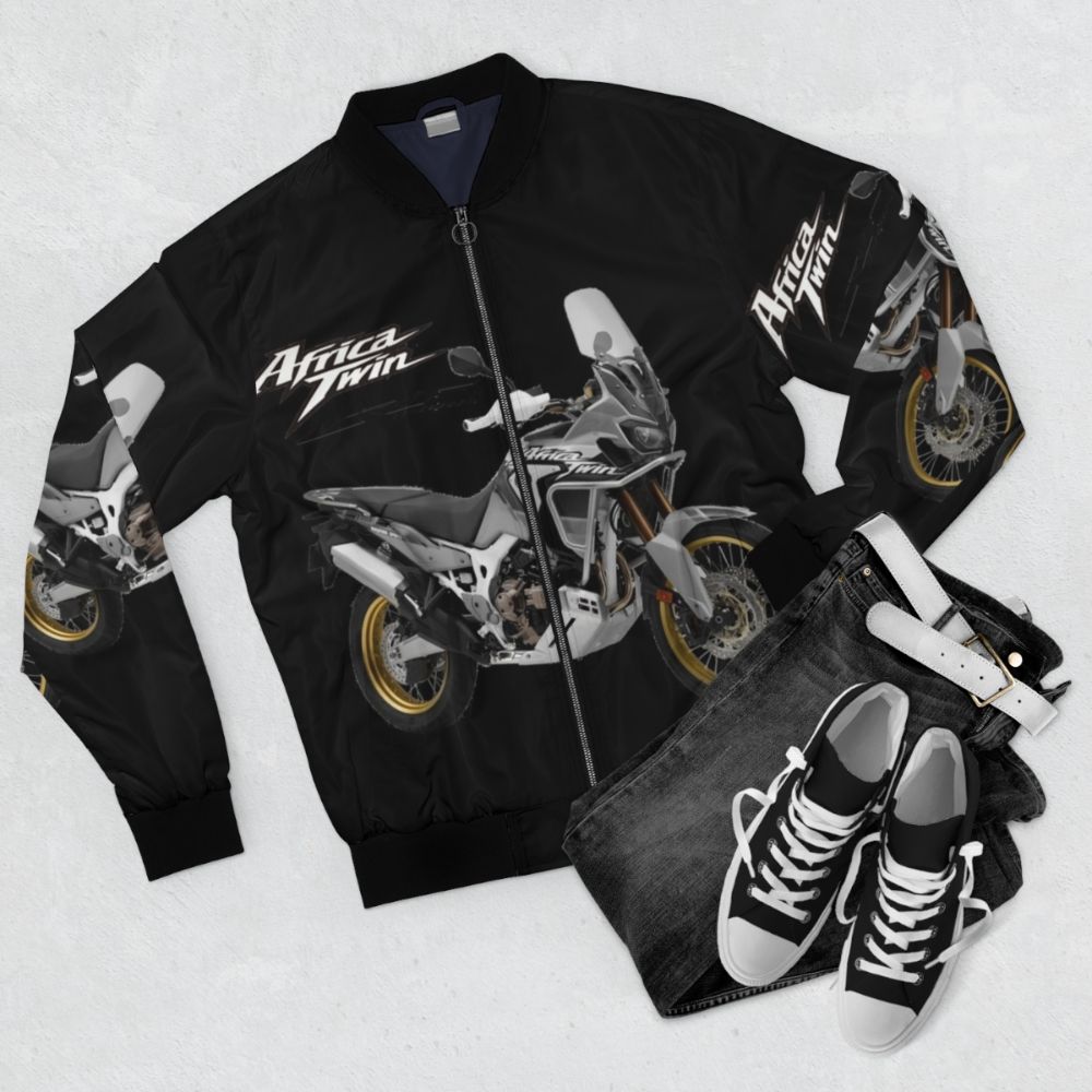 Africa Twin Adventure Bomber Jacket for Motorcycle Riders, Featuring Adventure Style Design - Flat lay