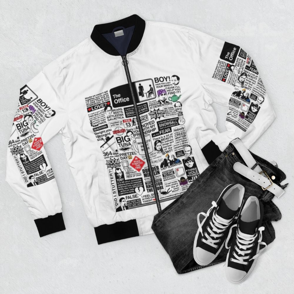 The Office Quotes Bomber Jacket featuring iconic characters and quotes from the TV show - Flat lay