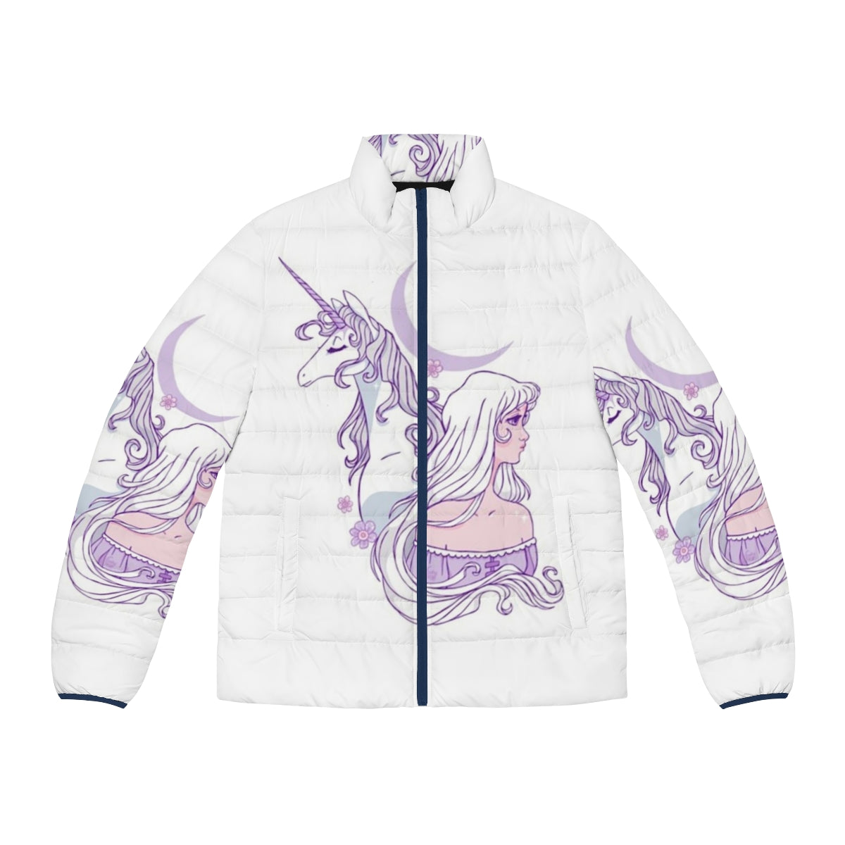 The Last Unicorn Puffer Jacket featuring a legendary unicorn in a whimsical, magical design