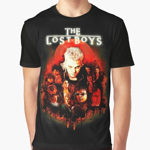 The Lost Boys 80s Horror Graphic T-Shirt featuring the iconic movie logo and characters