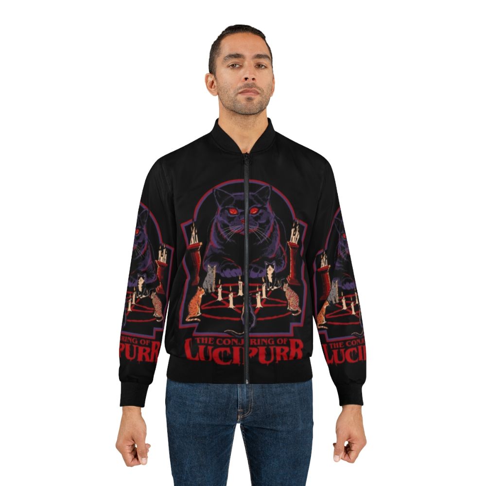 Stylish bomber jacket featuring a horror-themed pentagram design with cats, occult symbols, and fire effects - Lifestyle