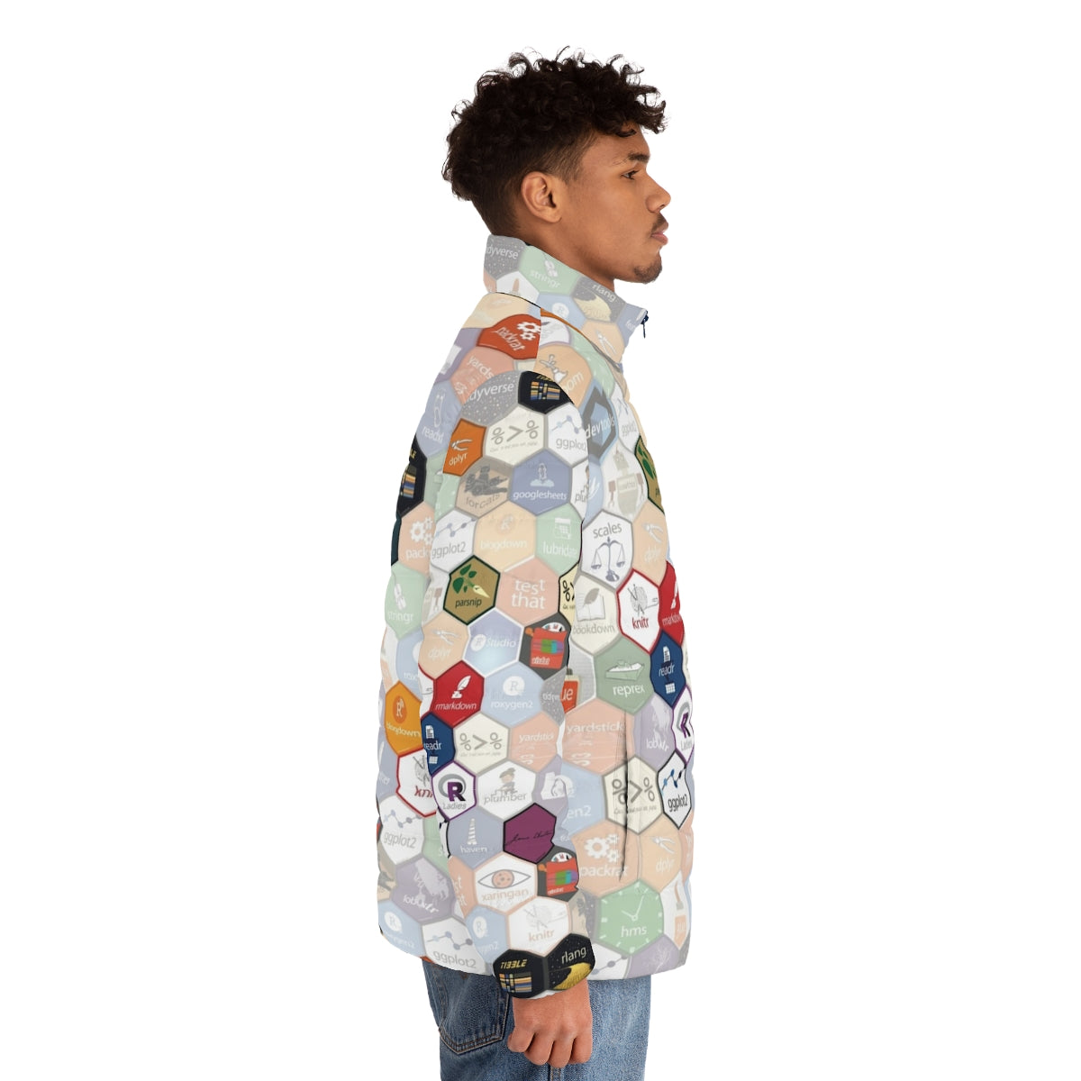 A puffer jacket with a small hexagonal pattern, perfect for data science enthusiasts and R programmers. - men side right