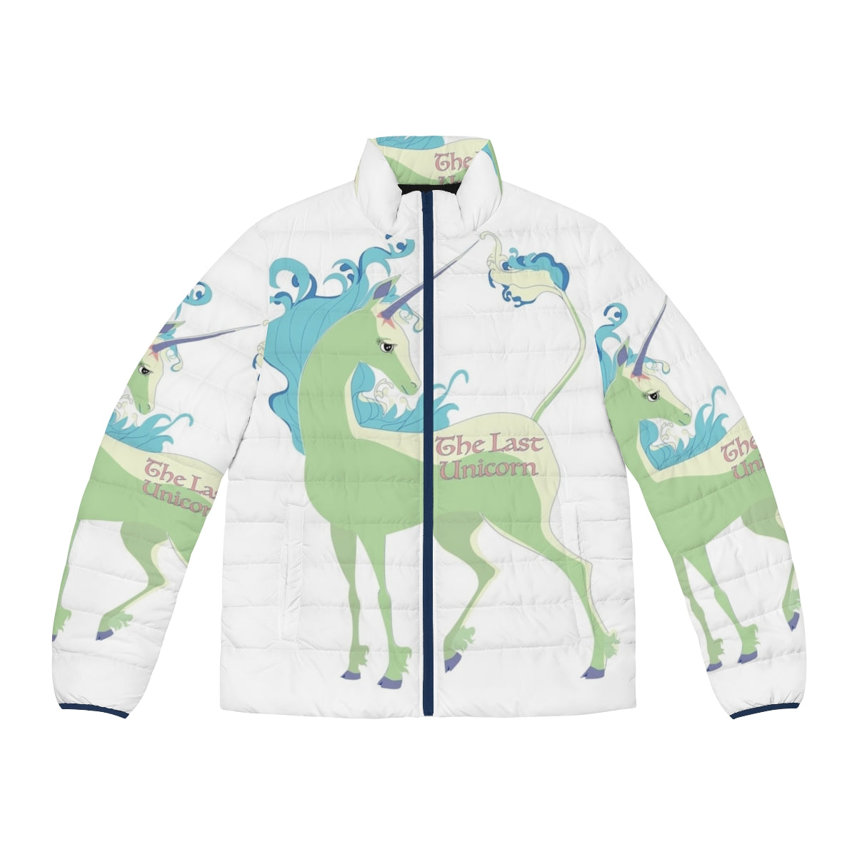 A green puffer jacket with a unicorn design, perfect for fantasy enthusiasts.