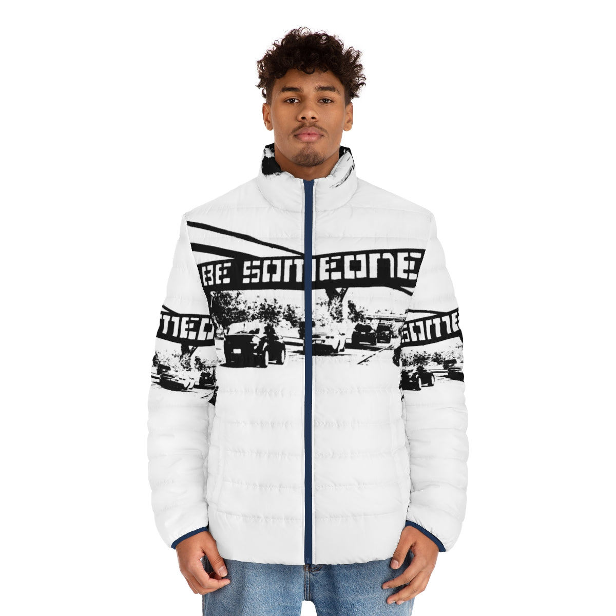 Puffer jacket with "Be Someone" graffiti-inspired design in black and white - men front