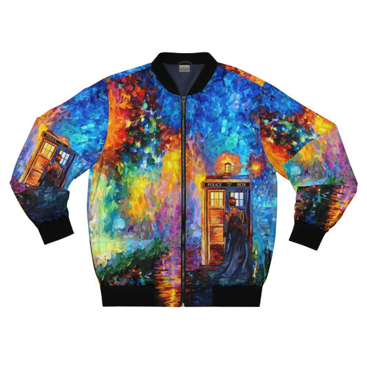 Doctor Who inspired rainbow bomber jacket with starry night, phone booths, and TARDIS elements for geeks and whovians.