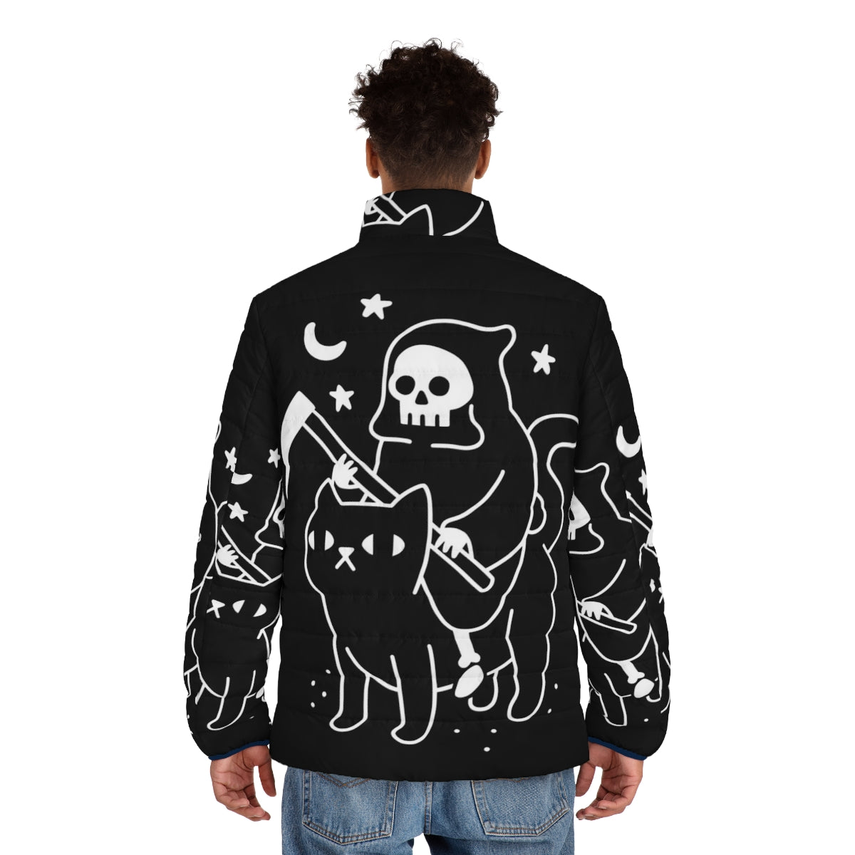 Puffer jacket with a death-themed black cat design - men back