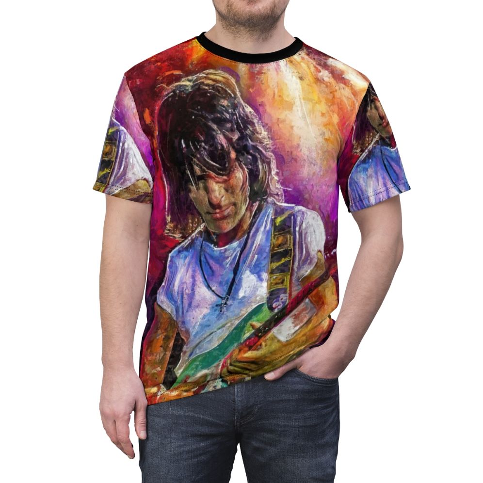 Artistic t-shirt design featuring a blues guitar graphic inspired by legendary guitar players - men front