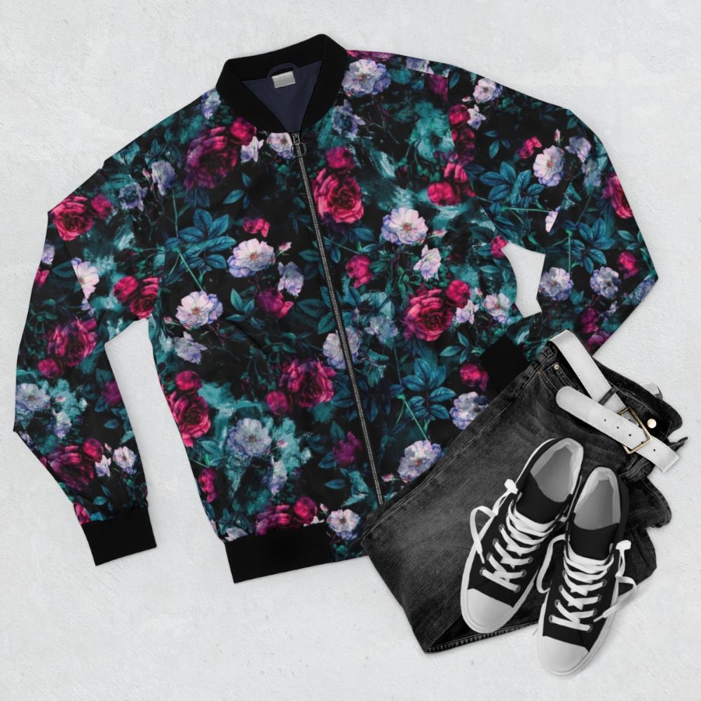 Floral abstract pattern bomber jacket with rose design - Flat lay