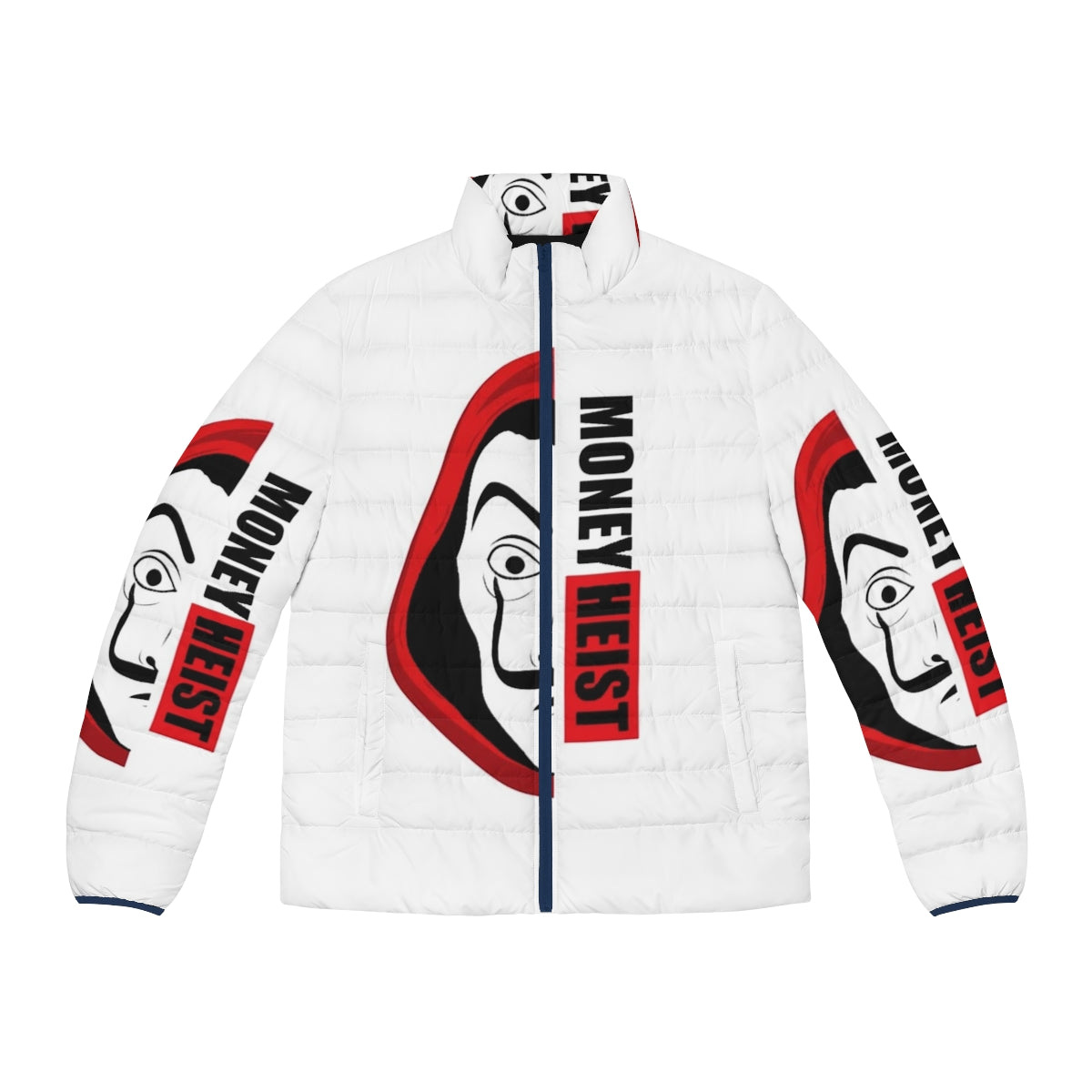 Money Heist Puffer Jacket featuring iconic characters and logo