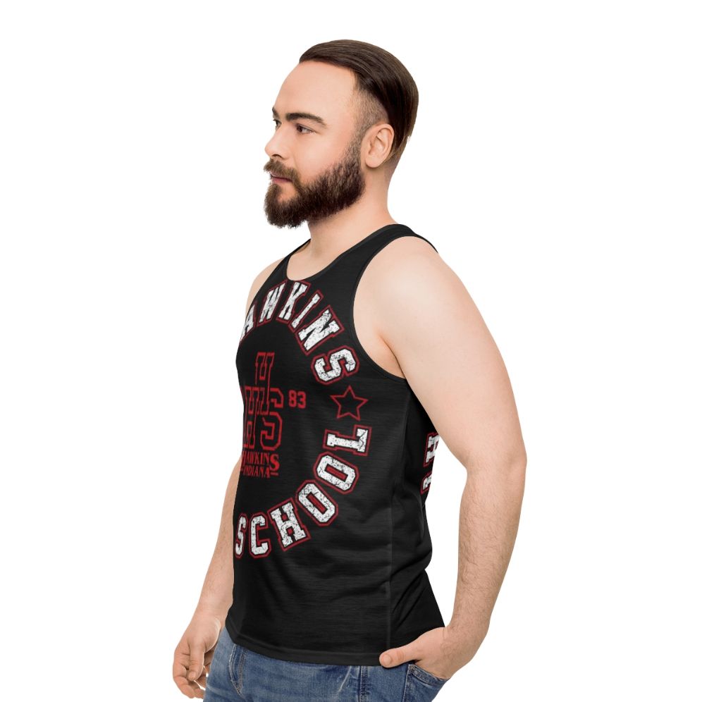 Retro unisex tank top with Hawkins High School and Stranger Things inspired design - men side