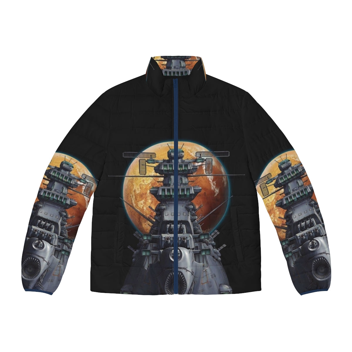 Retro puffer jacket featuring the iconic Battleship Yamato from the classic anime series