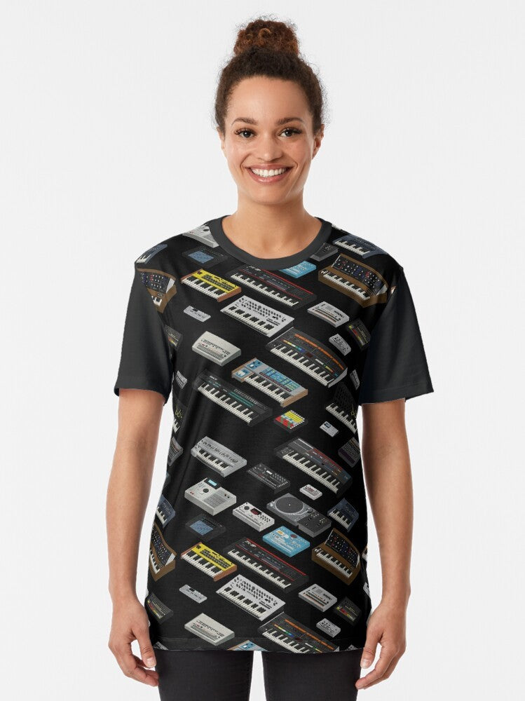 Retro-style graphic t-shirt featuring a synthesizer and electronic music elements - Women