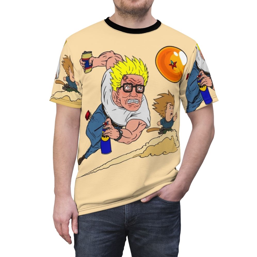 Anime inspired "King Of The Z" T-shirt, featuring a crossover design with characters from King of the Hill and Dragon Ball Z. - men front