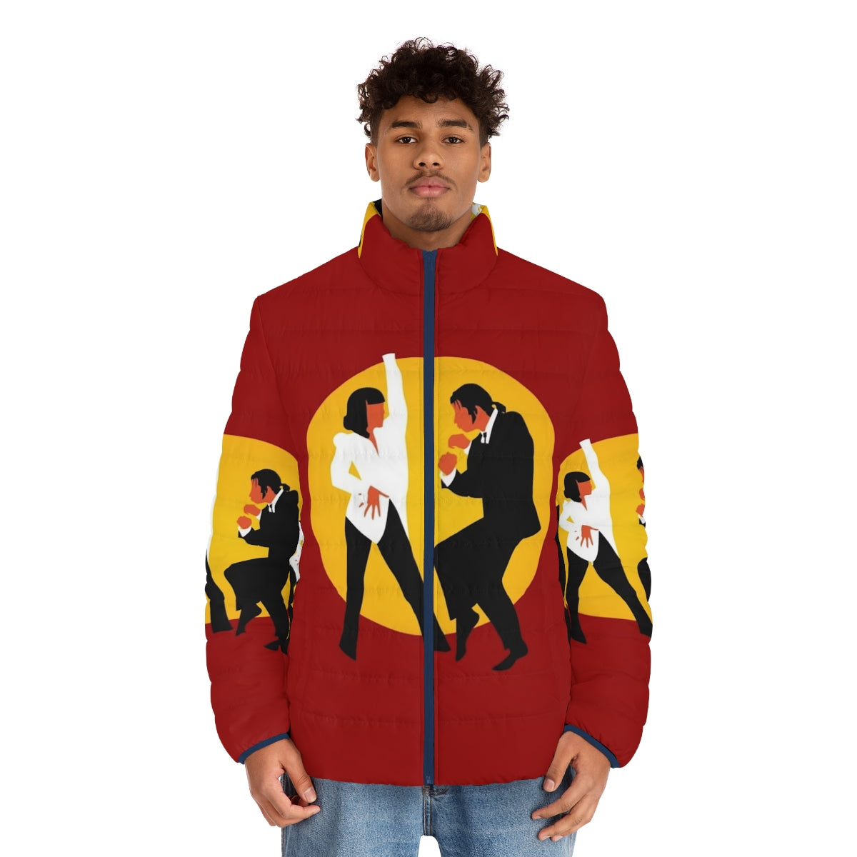 Pulp Fiction inspired puffer jacket with Quentin Tarantino movie references - men front