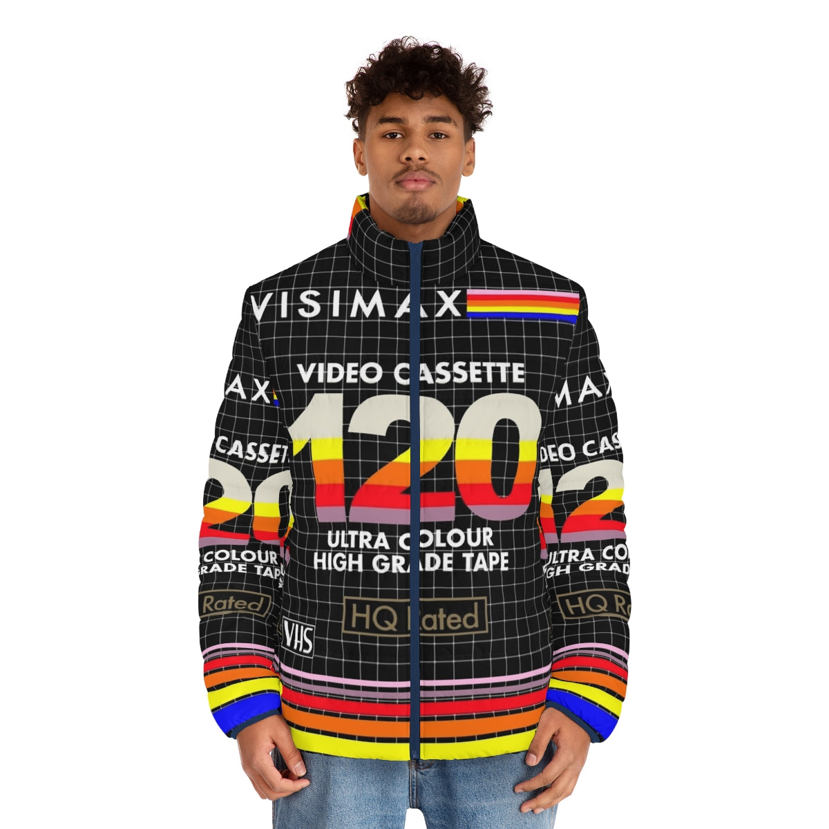 Retro VHS puffer jacket with vintage video cassette design - men front