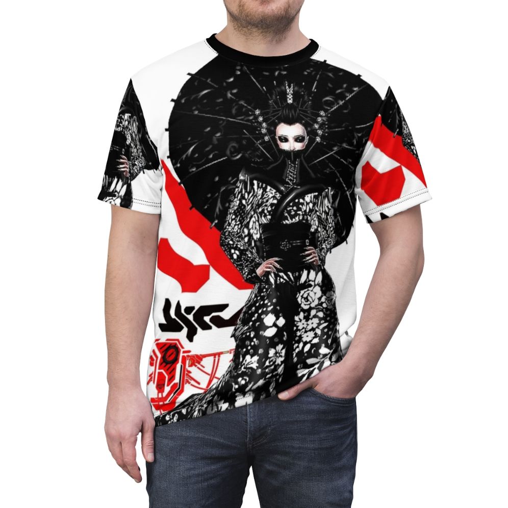 Cyberpunk inspired urban style t-shirt featuring a futuristic geisha design - men front