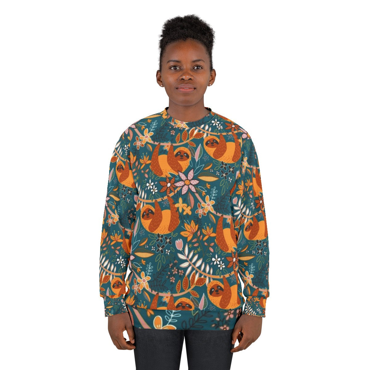 Boho floral sloth sweatshirt with teal, orange, and blush colors - women