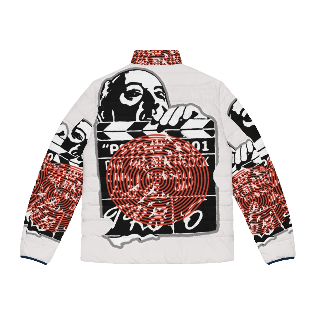 Alfred Hitchcock Inspired Puffer Jacket with Iconic Quotes and Designs - Back