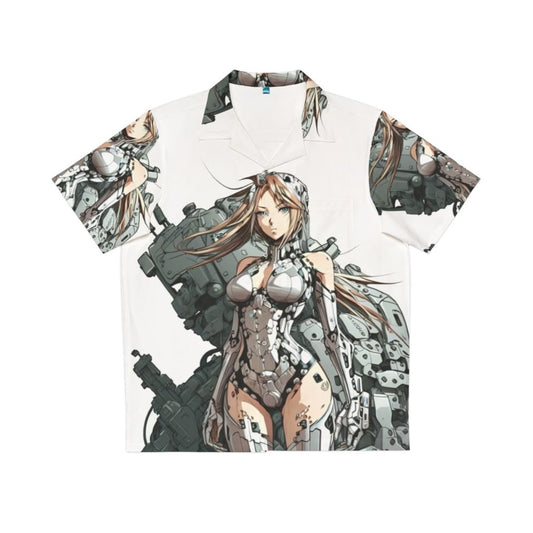 Armored anime girl wearing a gray and purple Hawaiian style shirt