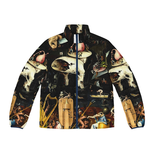 Hieronymus Bosch inspired puffer jacket featuring surreal, religious imagery from the Garden of Earthly Delights