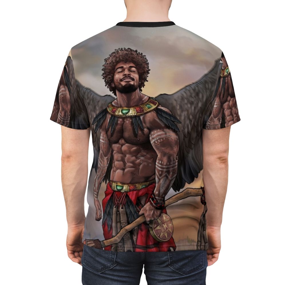 Eshu AOP T-shirt featuring a vibrant, homoerotic illustration of two muscular, gay male figures. - men back