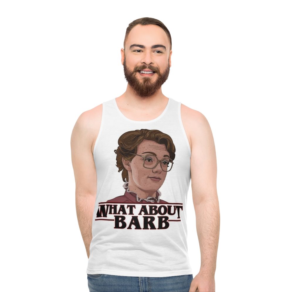 Unisex Stranger Things Netflix Tank Top featuring "What About Barb" design - men