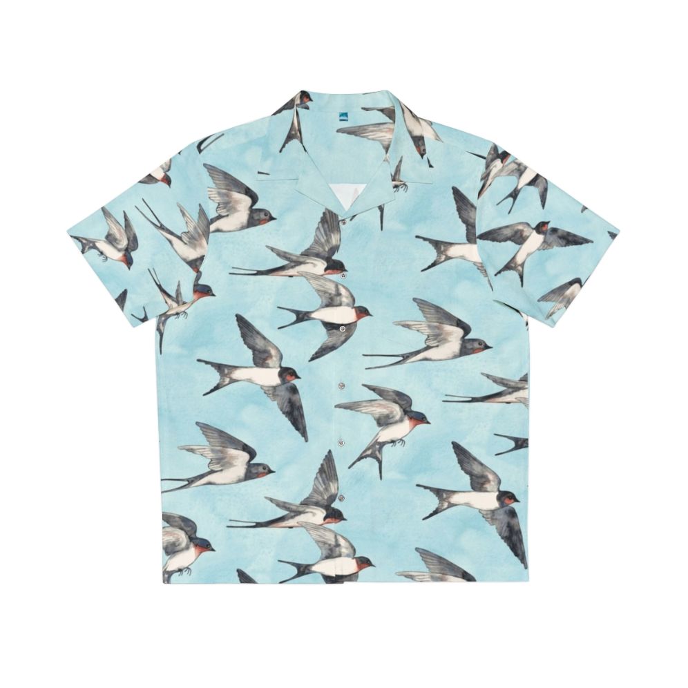 Watercolor Hawaiian shirt with blue sky and flying swallows