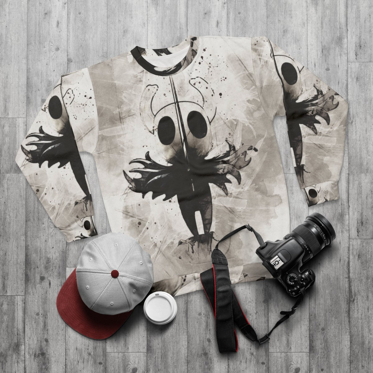 Hollow Knight Sweatshirt with Watercolor Painting - flat lay